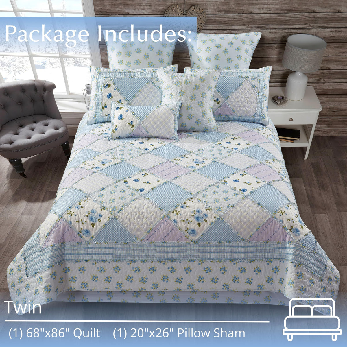 Garden of Blues 2-Piece Quilt Bedding Set - Shabby Chic Floral Patchwork Reversible Coverlet with 1 Matching