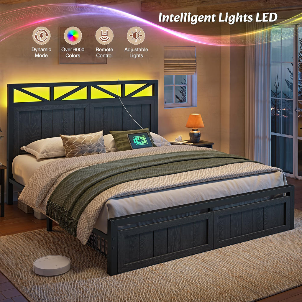 Farmhouse Bed Frame, 2 Storage Drawers, LED & Charging, Black