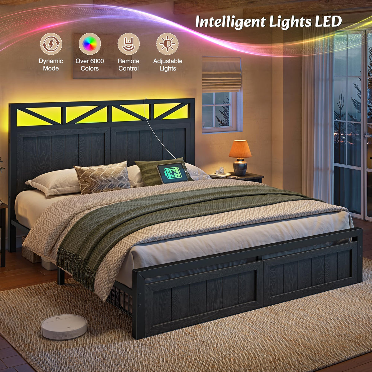 Farmhouse Bed Frame, 2 Storage Drawers, LED & Charging, Black