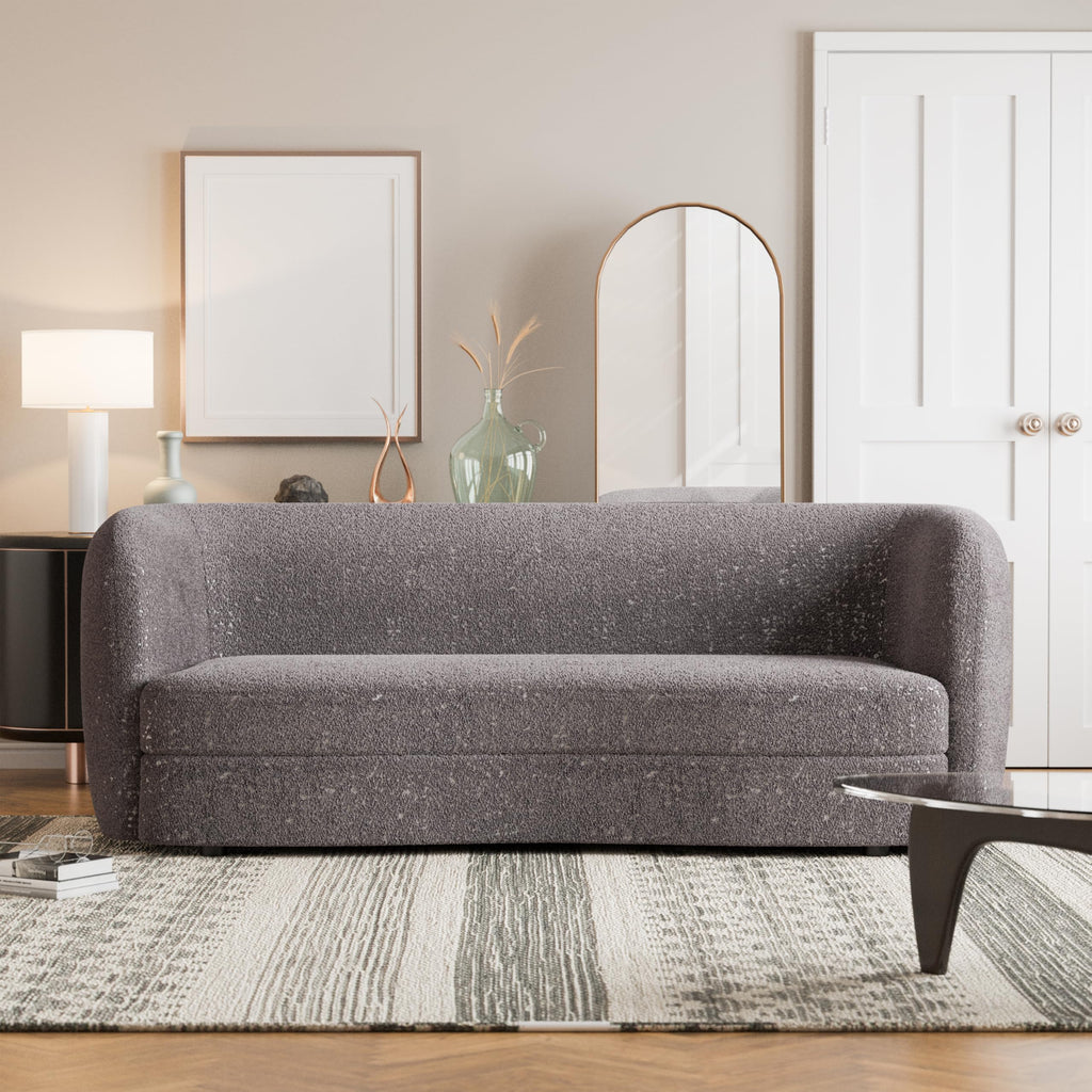 Nimiane Modern Boucle Sofa Couch with Curved Arms and Wooden Legs, Comfy Fabric Upholstered 3 Seater Couch, Charcoal