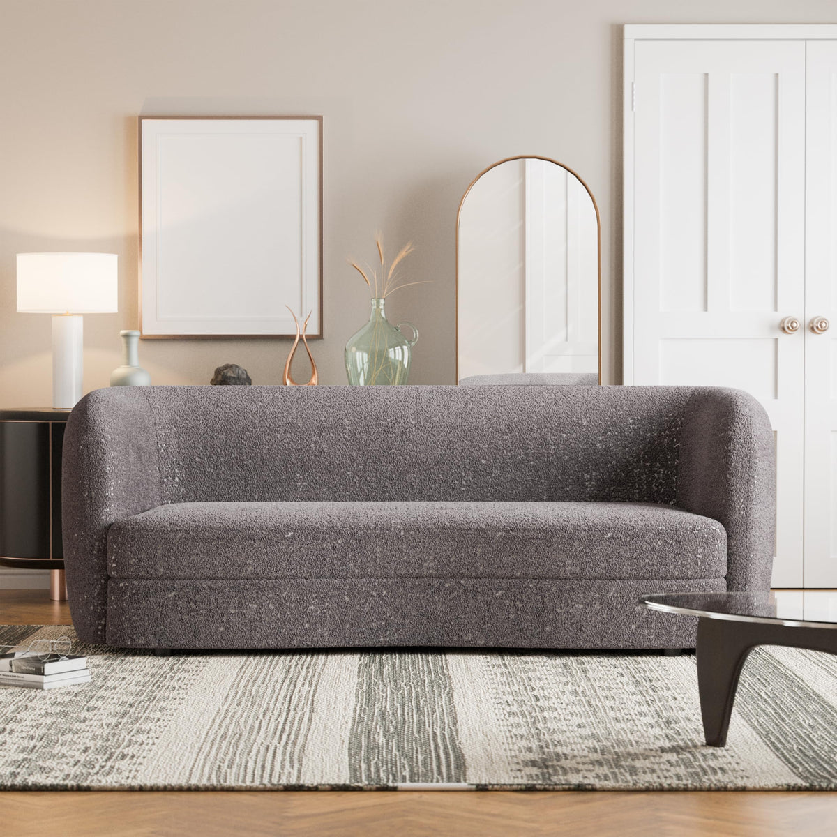 Nimiane Modern Boucle Sofa Couch with Curved Arms and Wooden Legs, Comfy Fabric Upholstered 3 Seater Couch, Charcoal