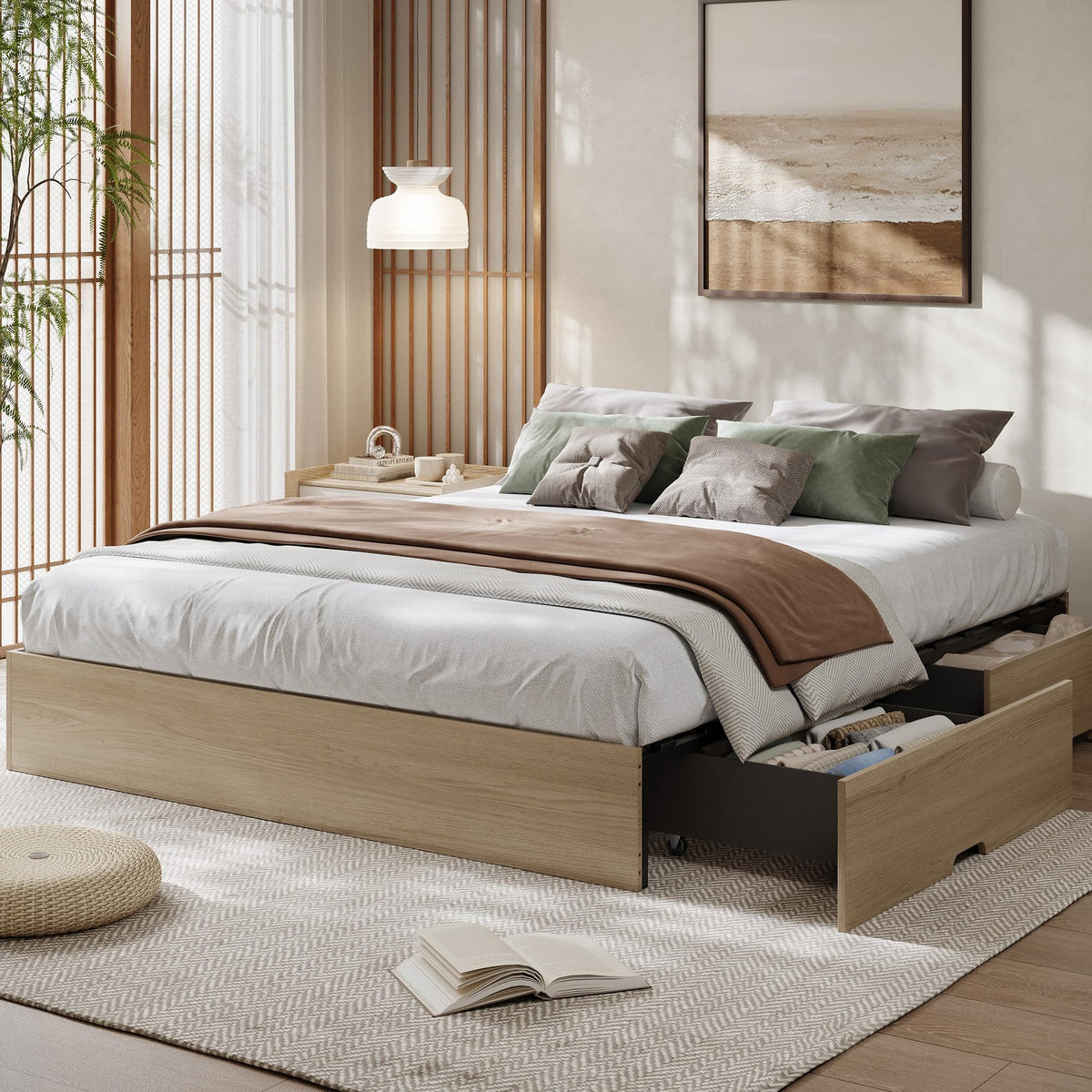 Wood Platform Bed Frame, Full Bed Frame with 2 Drawers