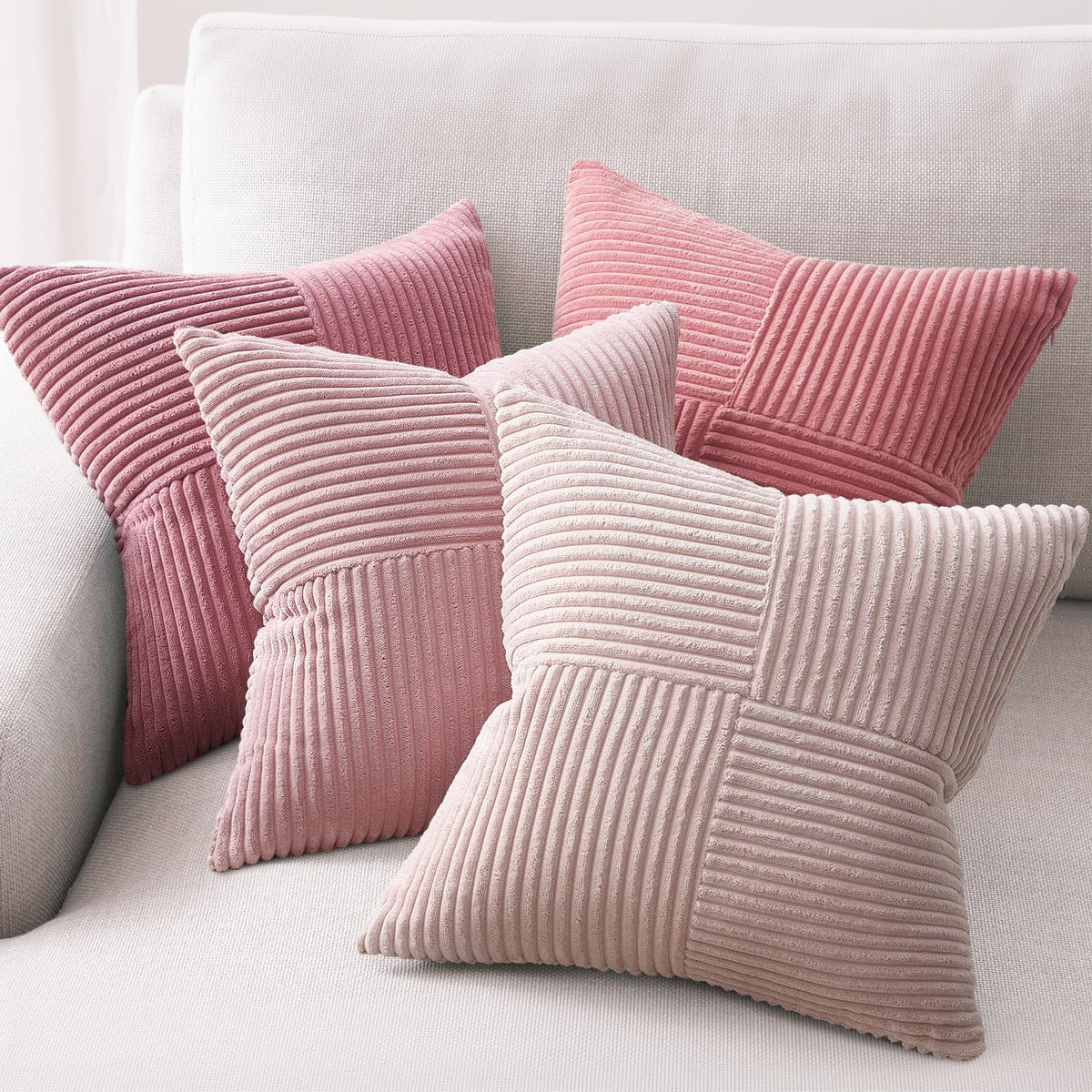 BlushPink Throw Pillow Covers 24x24 Set of 4, Baby Pink Boho Soft Corduroy Home Decor Cushion Cases for Couch, Living