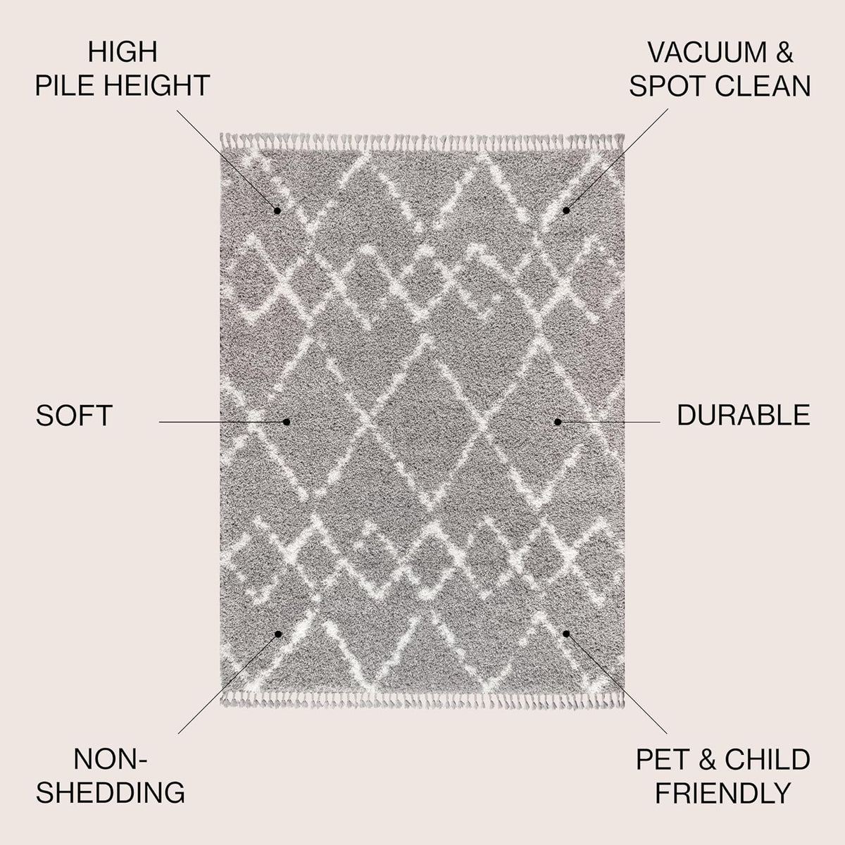 Mercer Shag Plush Tassel Gray/Ivory Indoor Area Rug, Moroccan Geometric Trellis, Contemporary, Easy-Cleaning