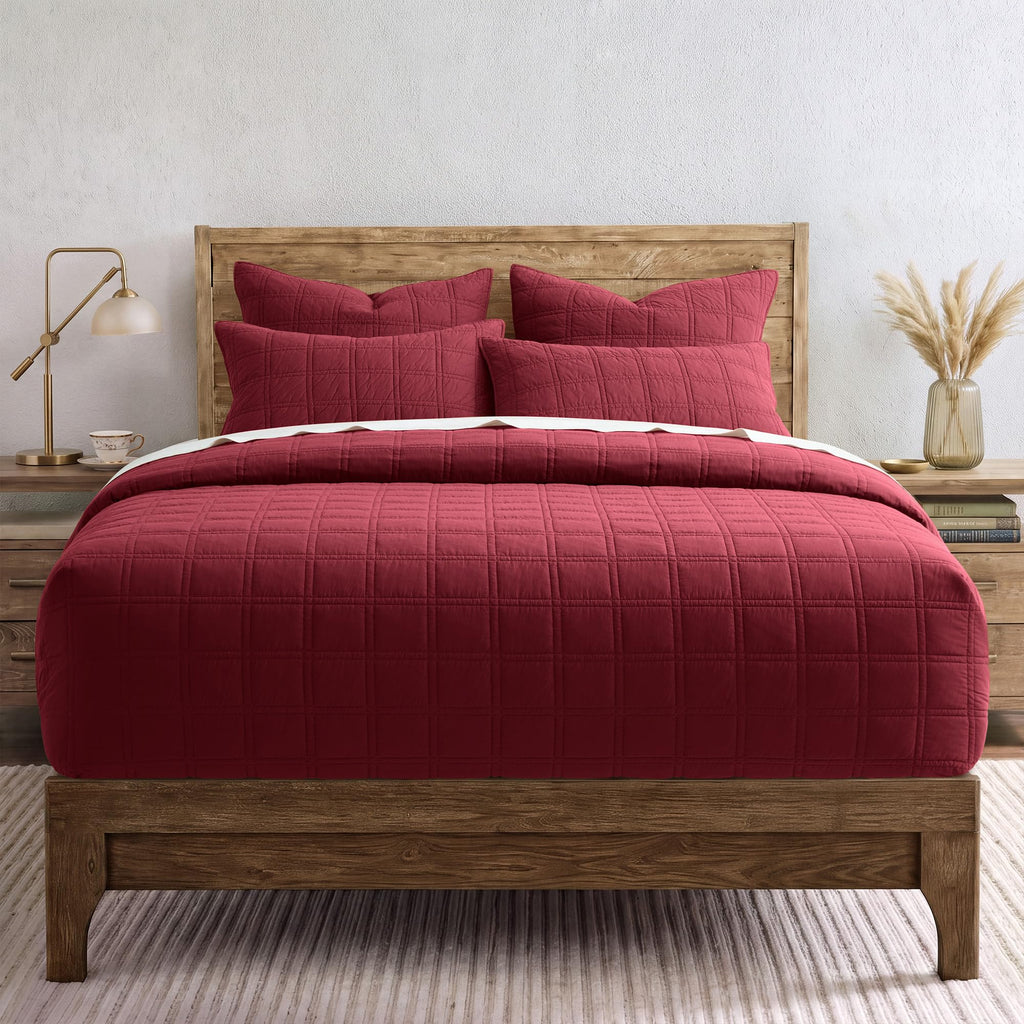 100% Cotton Quilt Set, Burgundy Red Pre-Washed Bedspreads Coverlet Set in Geometric Pattern, Cozy