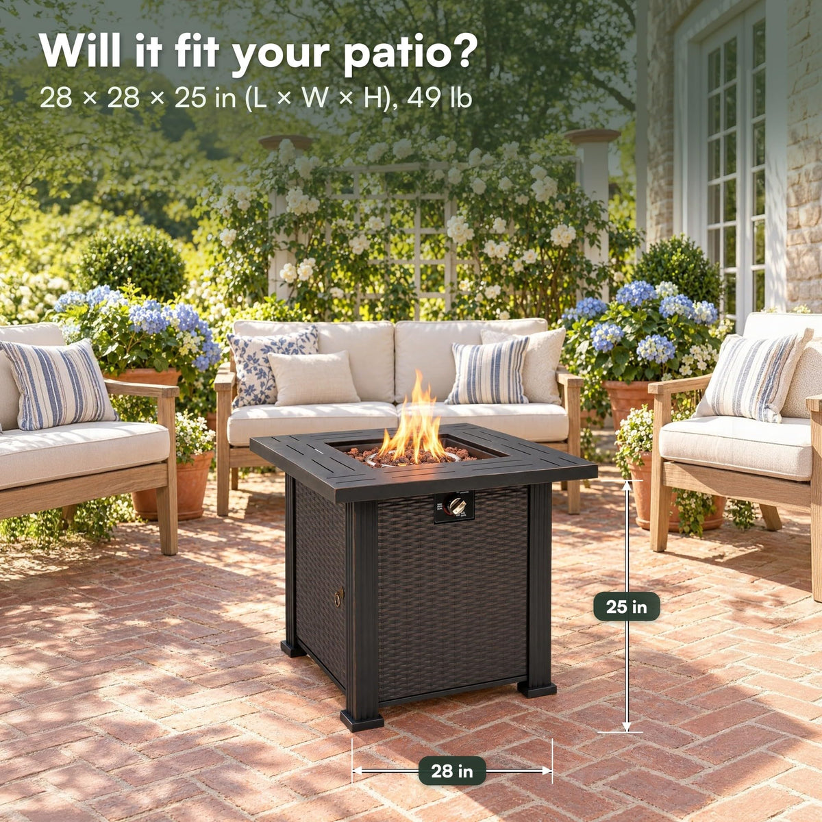 28" Square Steel Propane Fire Pit Table Wicker Look Patio Heater 50, 000 BTU