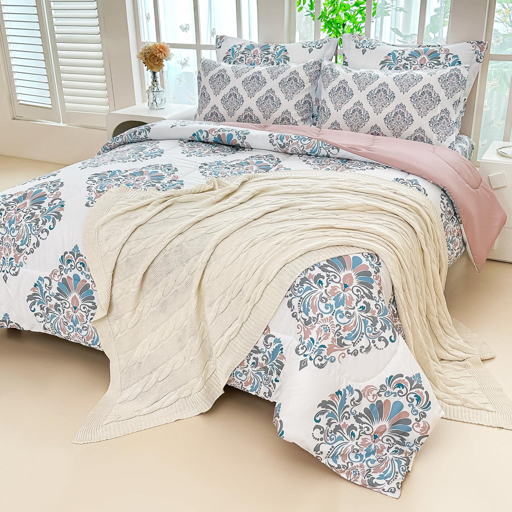 Floral Queen Comforter Set with Sheets, 7 piece Luxury Vintage Bedding, Soft Microfiber Bed in a Bag, Cozy