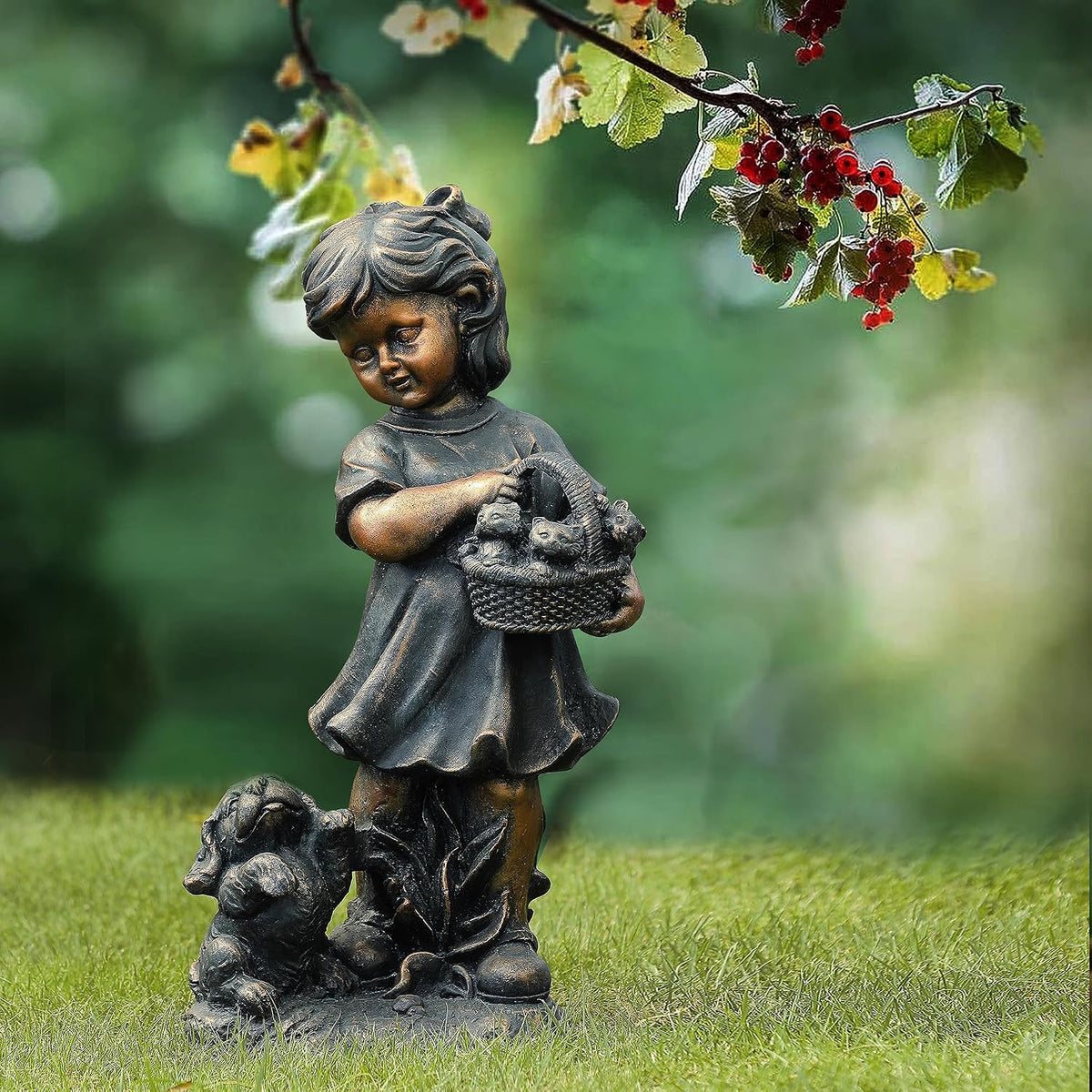 LuxenHome Garden Decor Statue,23" Fiber Stone Girl and Puppy Outdoor Statue | Bronze Garden Sculpture, Outdoor Art