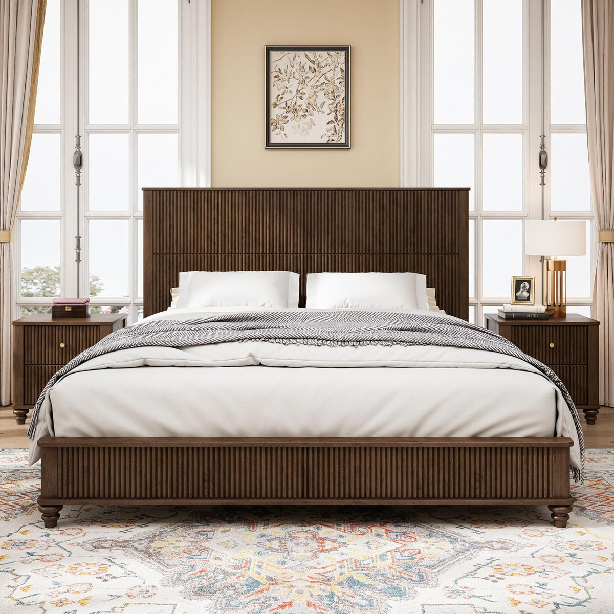 53.94" Tall Headboard Bed Frame Solid Wood Bed Frame Low Profile Farmhouse Wood Bed with Wooden Slats No Box Spring