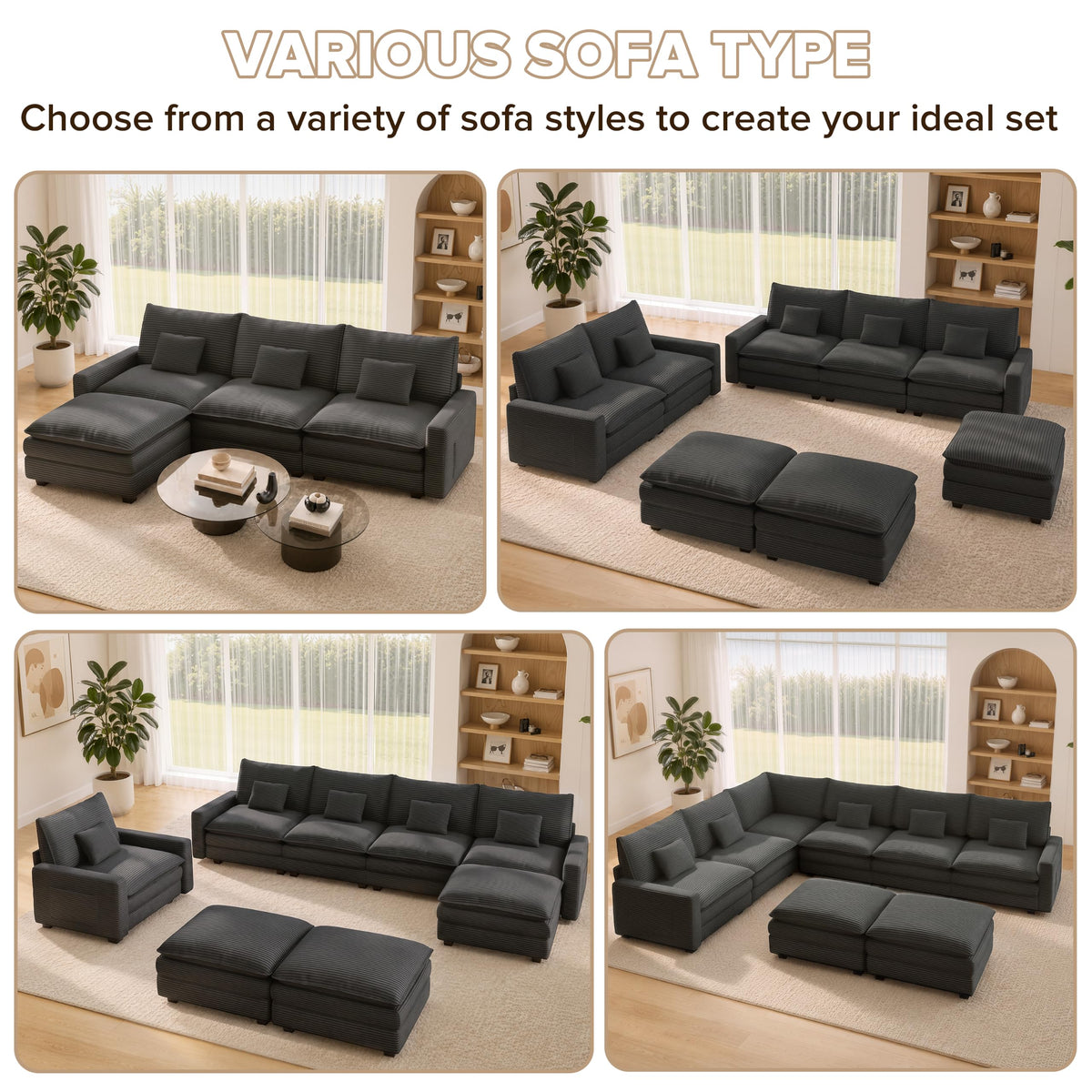 140" Oversized Modular Sectional Sofa, U Shaped Cloud Couches with Ottomans