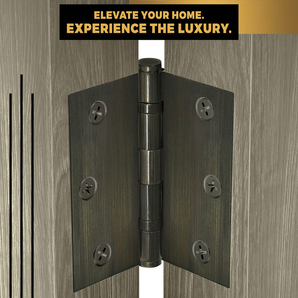 Solid Brass Door Hinge Heavy Duty Ball Bearing 3.5 x 3.5 Inch with Decorative Screw-on Tips Included - Set of 2