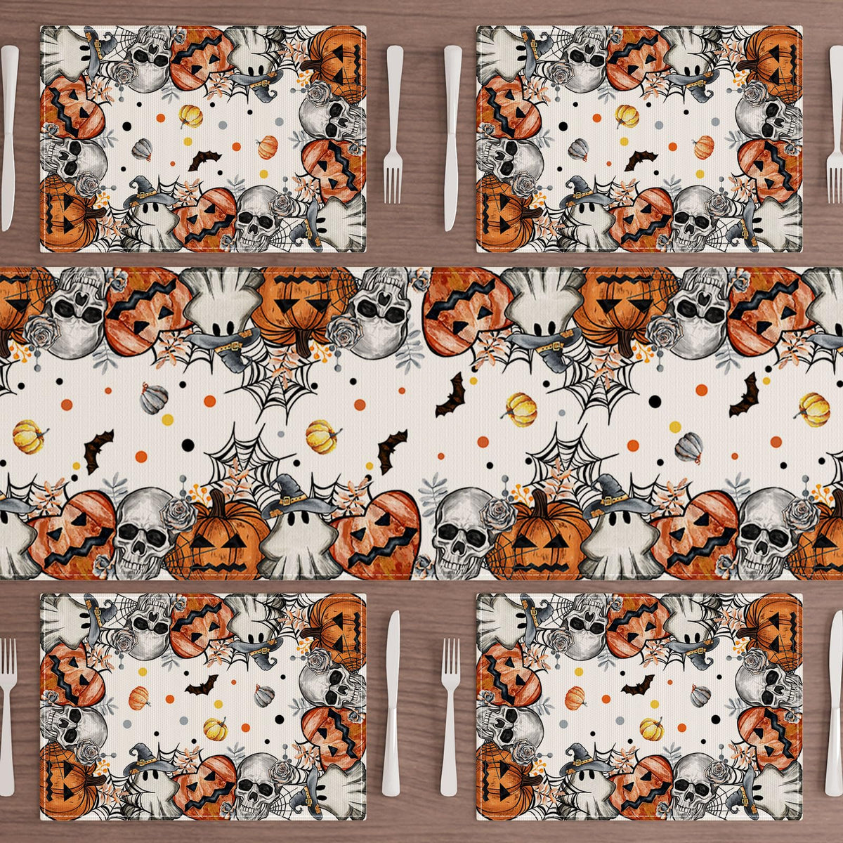 Halloween Skeleton Ghost Placemats Set of 6 Table Decor 12x18 Inch