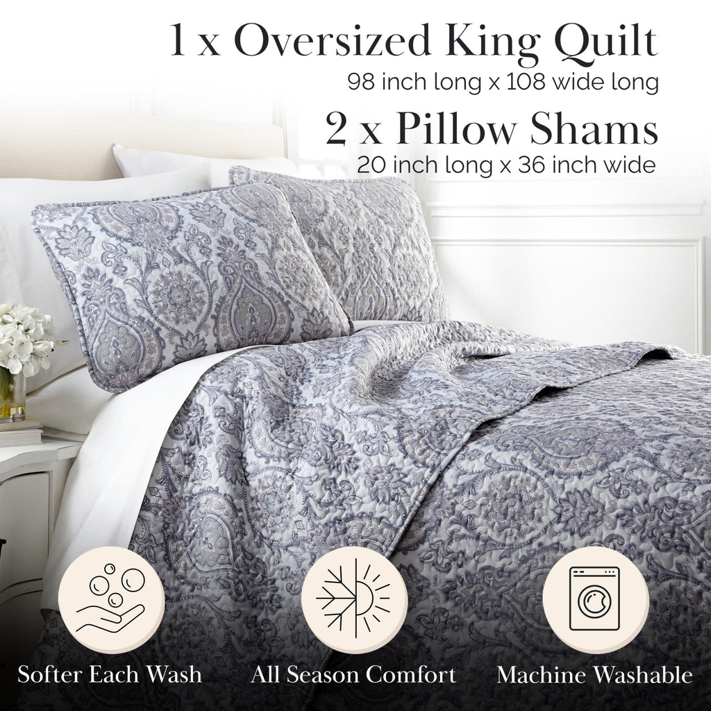 Extra Wide King Quilt Bedding Set with 2 Quilted Pillow Shams, Grey Paisley