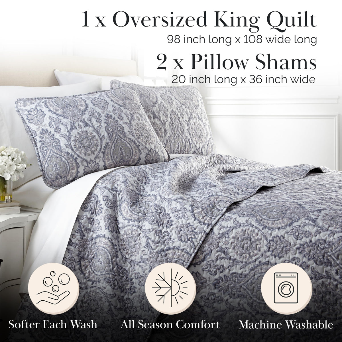 Extra Wide King Quilt Bedding Set with 2 Quilted Pillow Shams, Grey Paisley