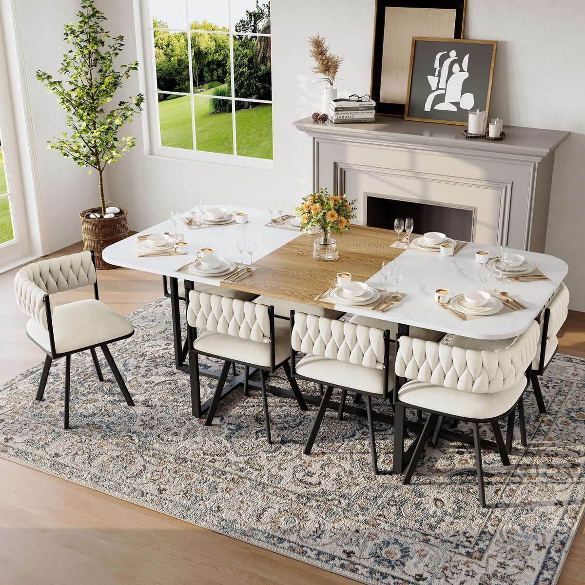 Dining Table Set for 8, 79" Large Dining Room Table Set for 8, Modern Farmhouse Kitchen Table Set for 8, Space Saving