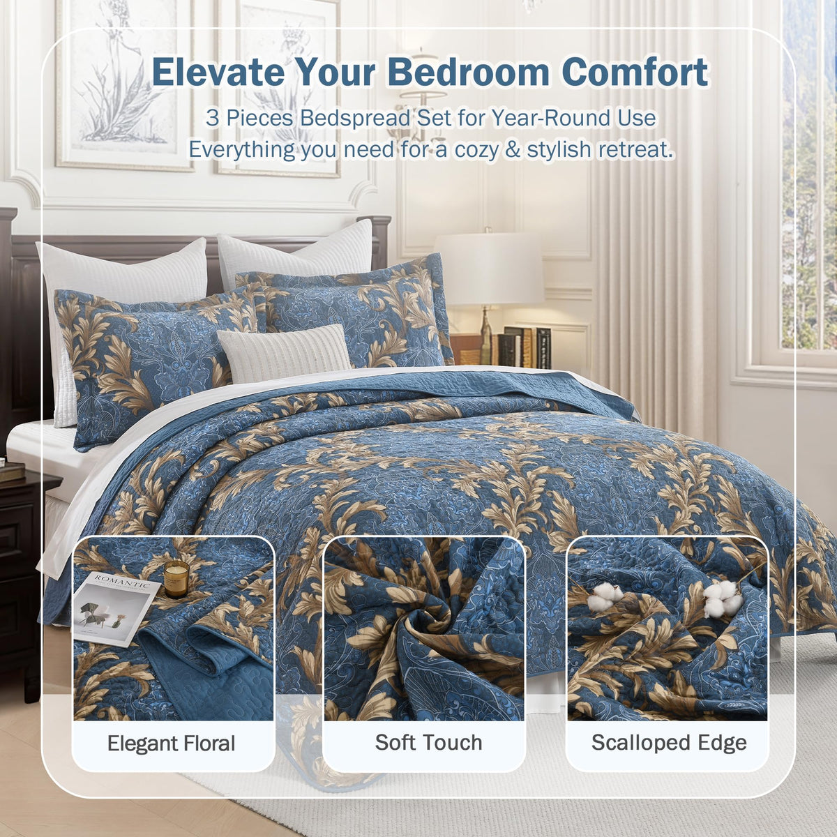 Quilt Bedding Set, 100% Cotton Blue Floral Quilt Bedspreads
