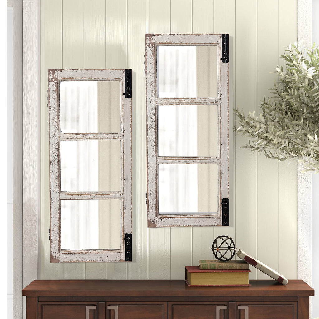 Farmhouse Wood Frame Window Mirror 14" x 33", Distressed White