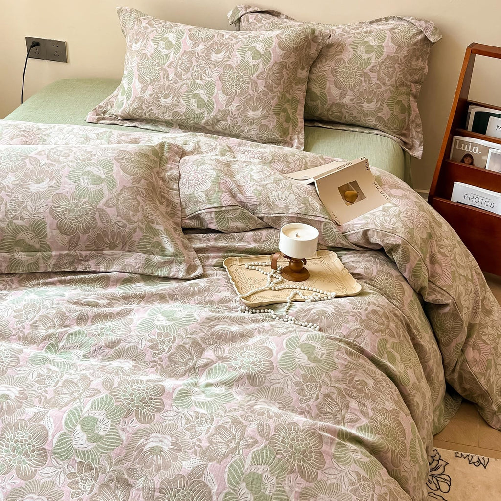 Jacquard Floral Duvet Cover King Retro Pink Green Flower Duvet Cover Yarn-Dyed Textured Cotton Jacquard Bedding
