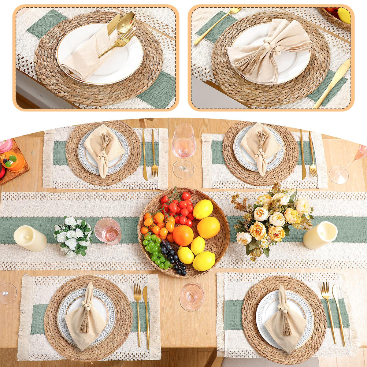 6 Sets Boho Table Runner and Woven Round Placemats Set, Green, 12x72