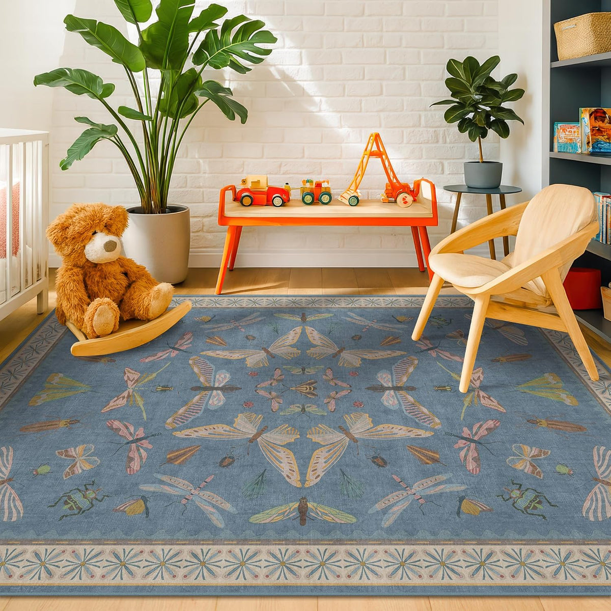 Blue Washable Kids Playroom Rug - Area Rugs Baby Boy, Bedroom, Living Room, Toddler Boy Room Decor, Cute Animals