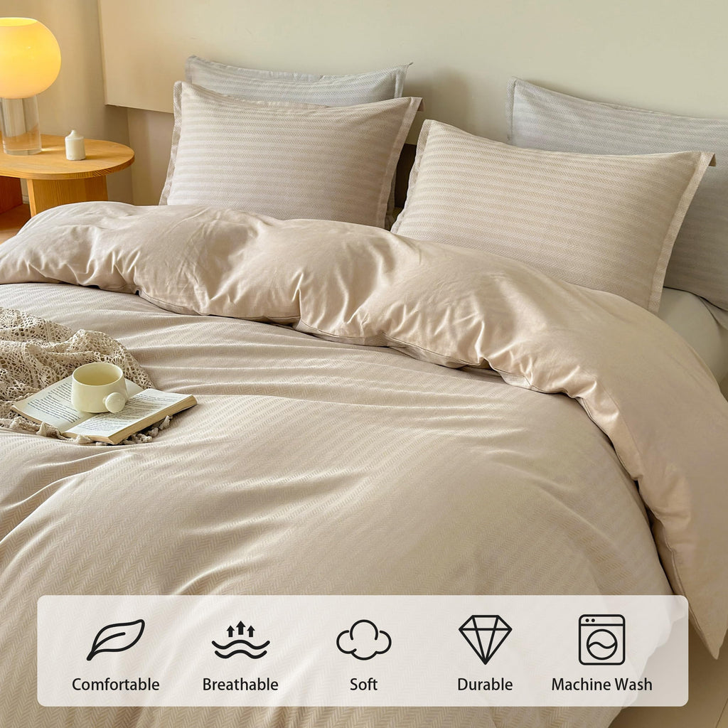 Queen Duvet Cover Set, Luxury French Linen Blend, 3-Piece Lightweight Bedding Set, Soft & Breathable, Herringbone