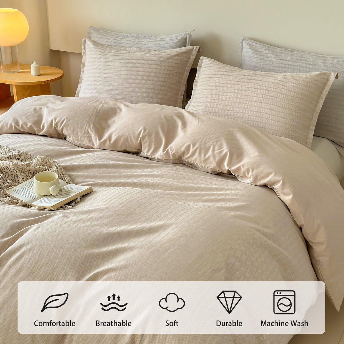 Queen Duvet Cover Set, Luxury French Linen Blend, 3-Piece Lightweight Bedding Set, Soft & Breathable, Herringbone
