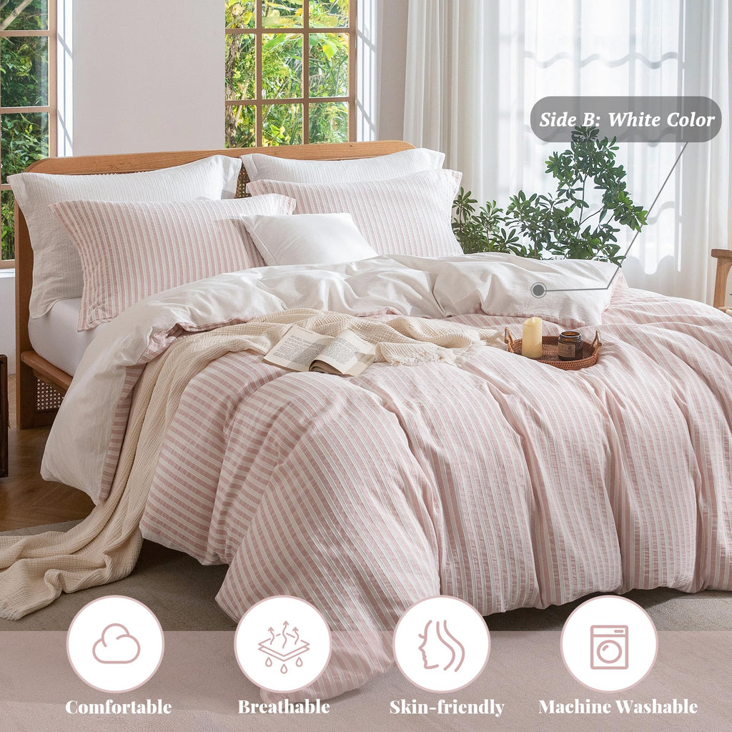Jacquard Striped Duvet Cover Set 3pcs Dual Zipper Pink Full