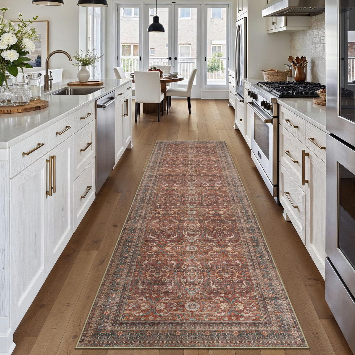 Brick Red Vintage Distressed Washable Runner Rug