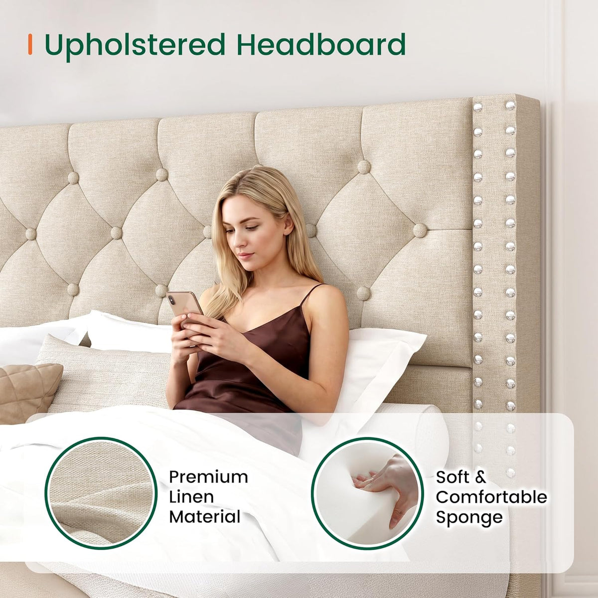 Queen Bed Frame with 4 Storage Drawers and Tufted Headboard Linen Upholstered Platform Bed Frame with Heavy Duty Wood