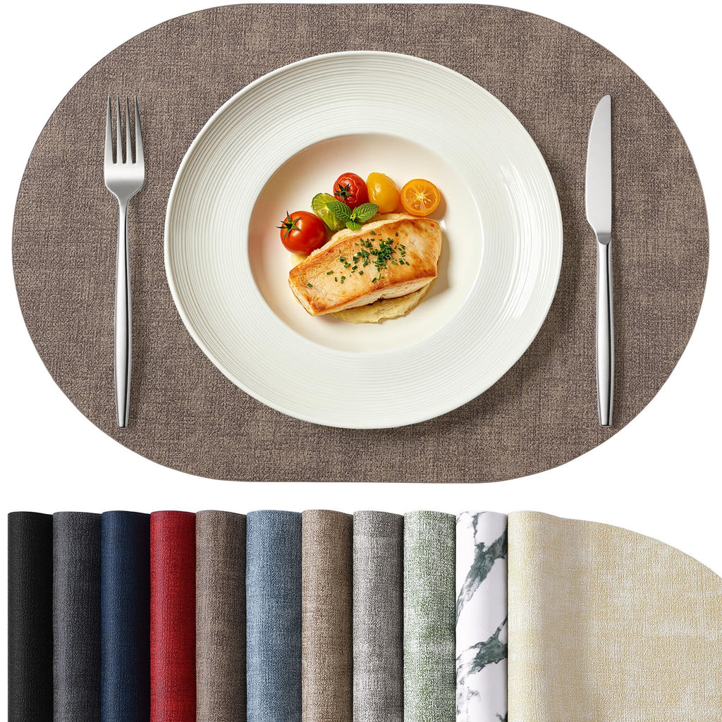 Oval Faux Leather Placemats Set of 6, Easy to Clean, Dark Brown
