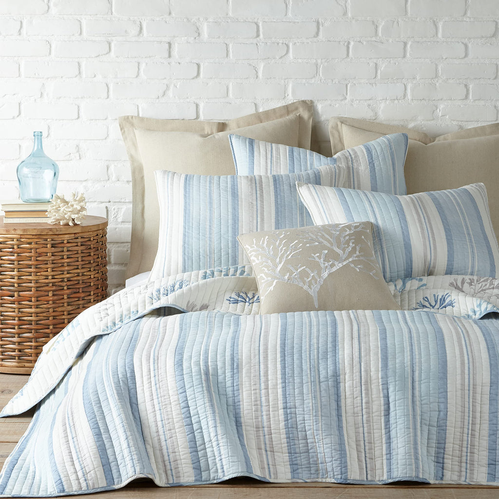 Ipanema Quilt Set - Full/Queen Quilt + Two Standard Pillow Shams - Coastal - Blue, Taupe and Cream - Quilt