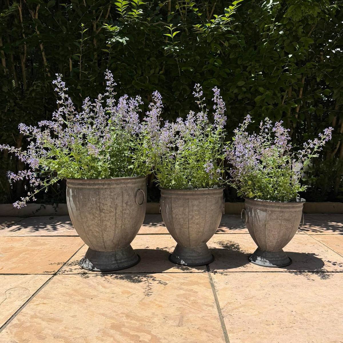 Durham Footed Urn Chubby Belly Planters, Set of 3, Ring Handles, Galvanized Metal, Vintage Grey, Indoor/Outdoor