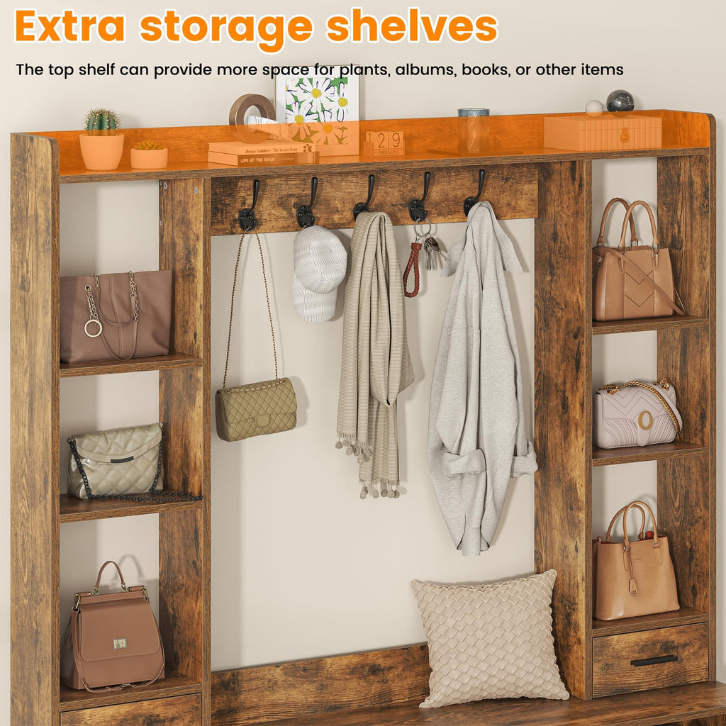 61.6" Farmhouse Hall Tree with 2 Independent Drawers, 6-in-1 Entryway Bench with Coat Rack Adjustable Shoe Storage for