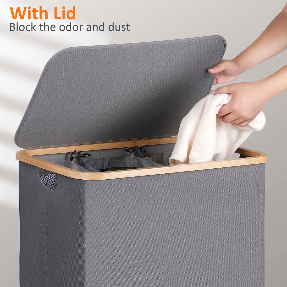 Laundry Hamper 3 Section with lid and 3 Removable Bags, Silver Grey