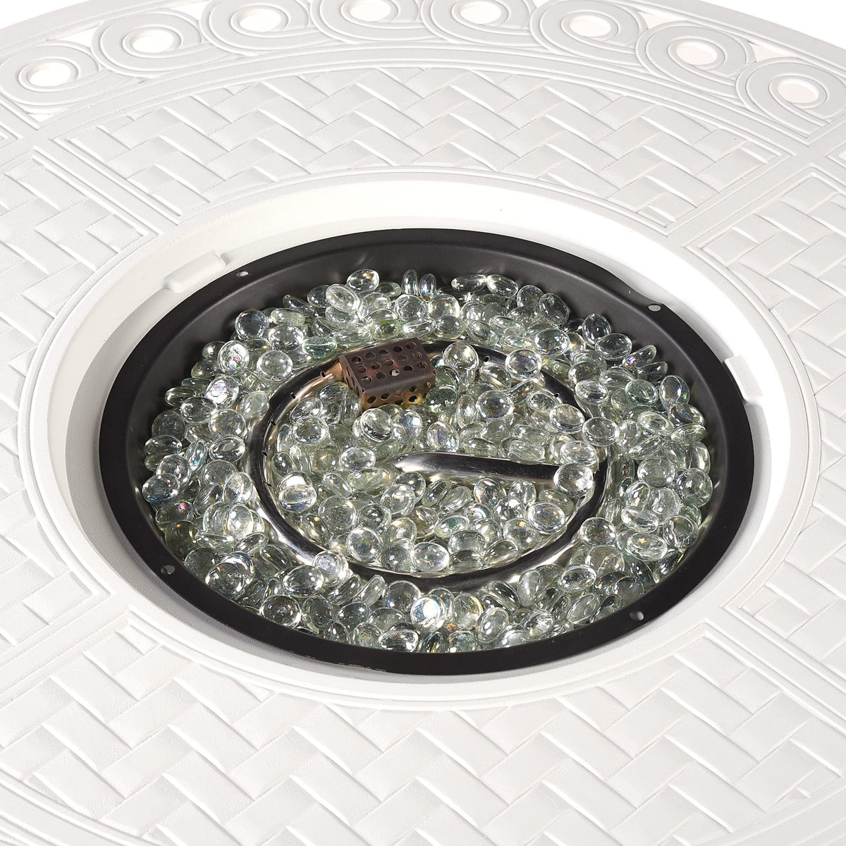 Round 34 in. x 34 in. Aluminum Propane Fire Pit Table with Glass Beads, Two Covers, Lid, 37, 000 BTUs in White Finish