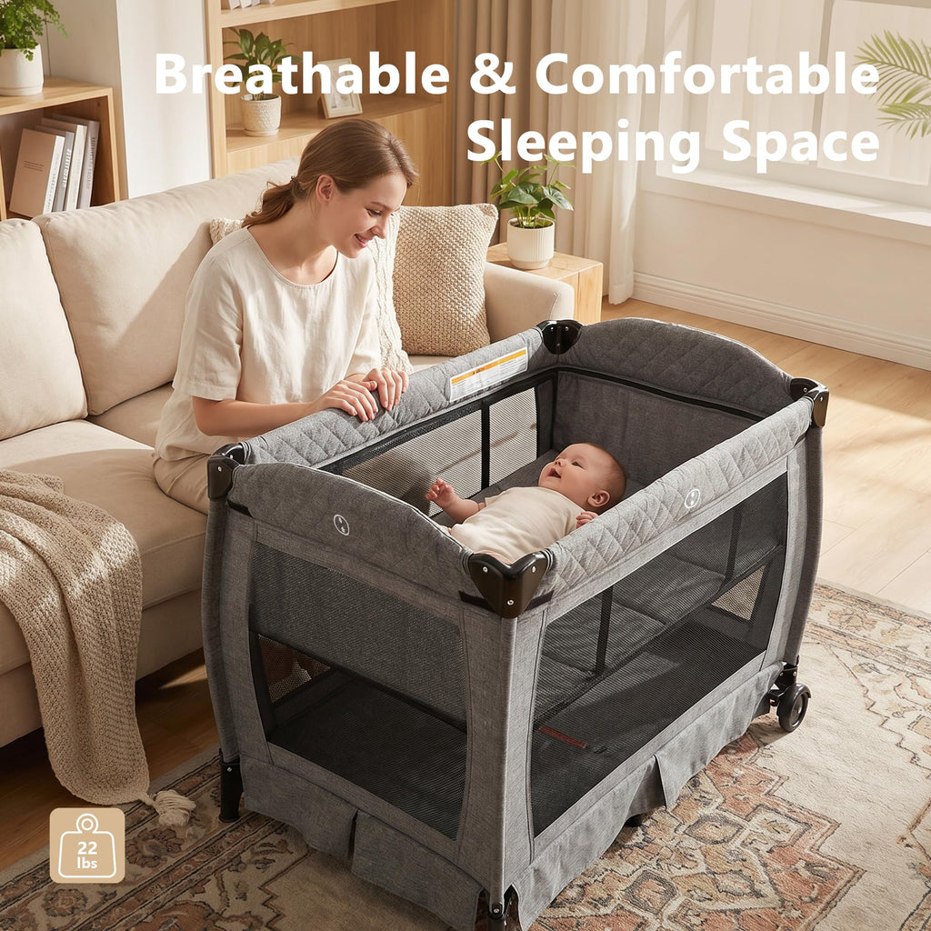 4 in 1 Play Yard w/Bassinet, Baby Playard, Light Gray