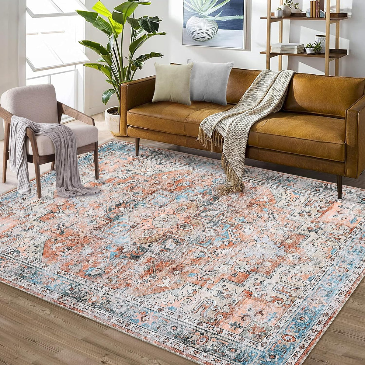 Washable Non-Slip Area Rug, Vintage Distressed Floral Medallion Design