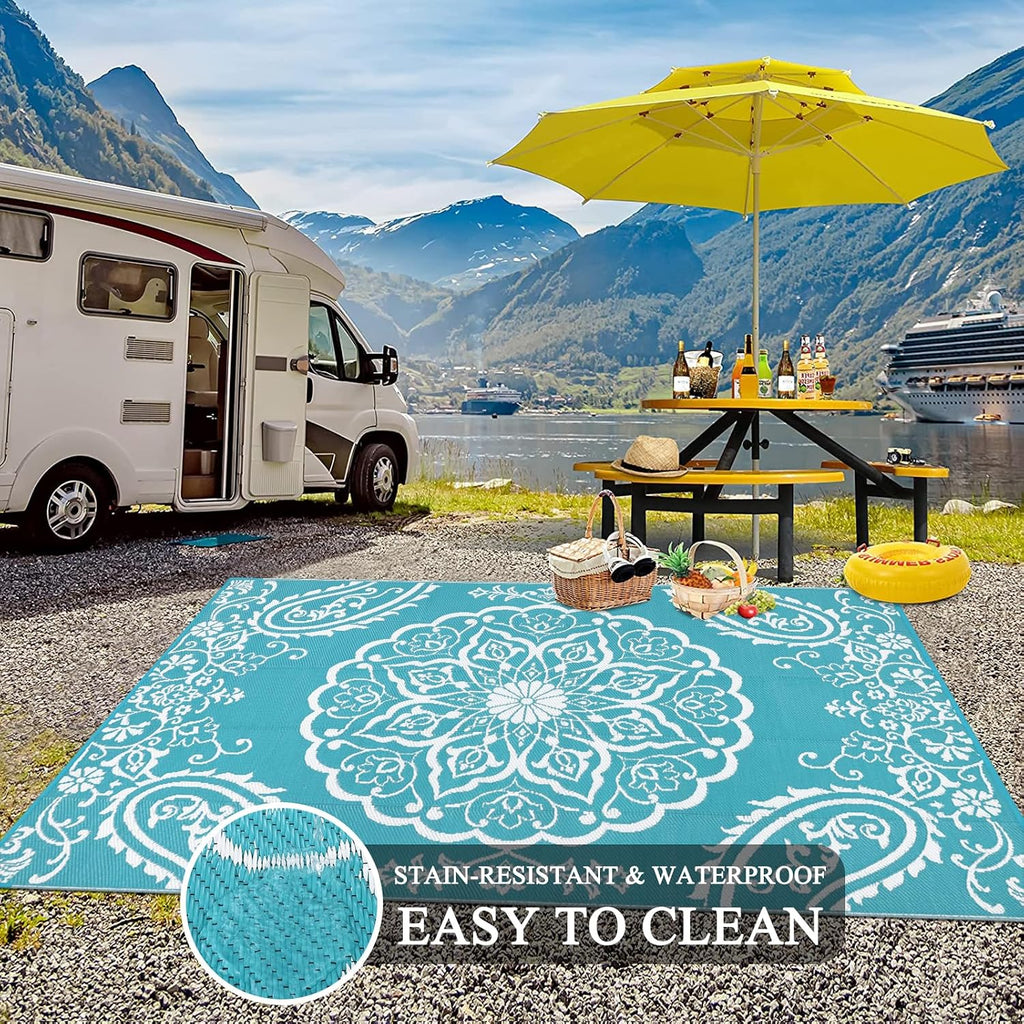 Outdoor Rug, Waterproof Plastic Straw Camping Rug, Boho Teal