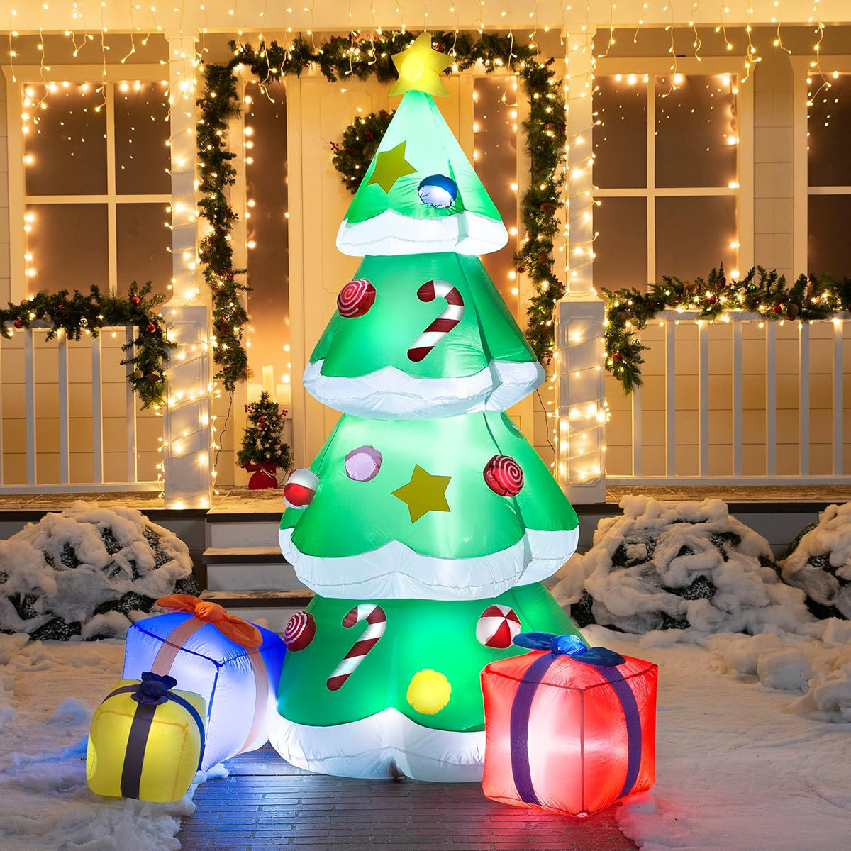 7FT Tall Christmas Inflatables Tree Outdoor Decoration, Giant Christmas Inflatable Tree with 3 Gift Boxes with