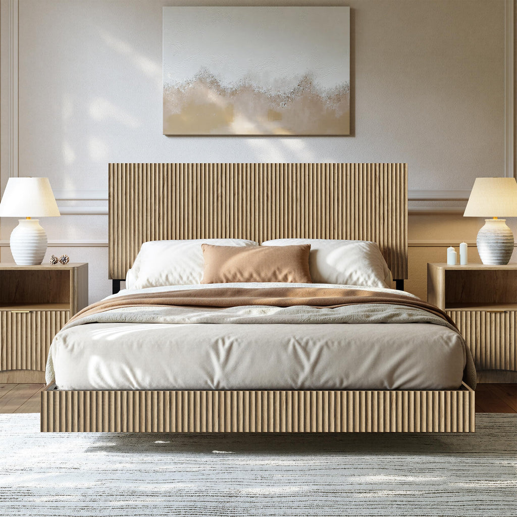 Oak Queen Floating Bed Frame with Headboard & Charging Station