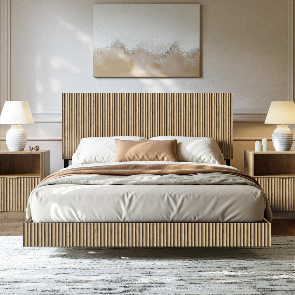 Oak Queen Floating Bed Frame with Headboard & Charging Station