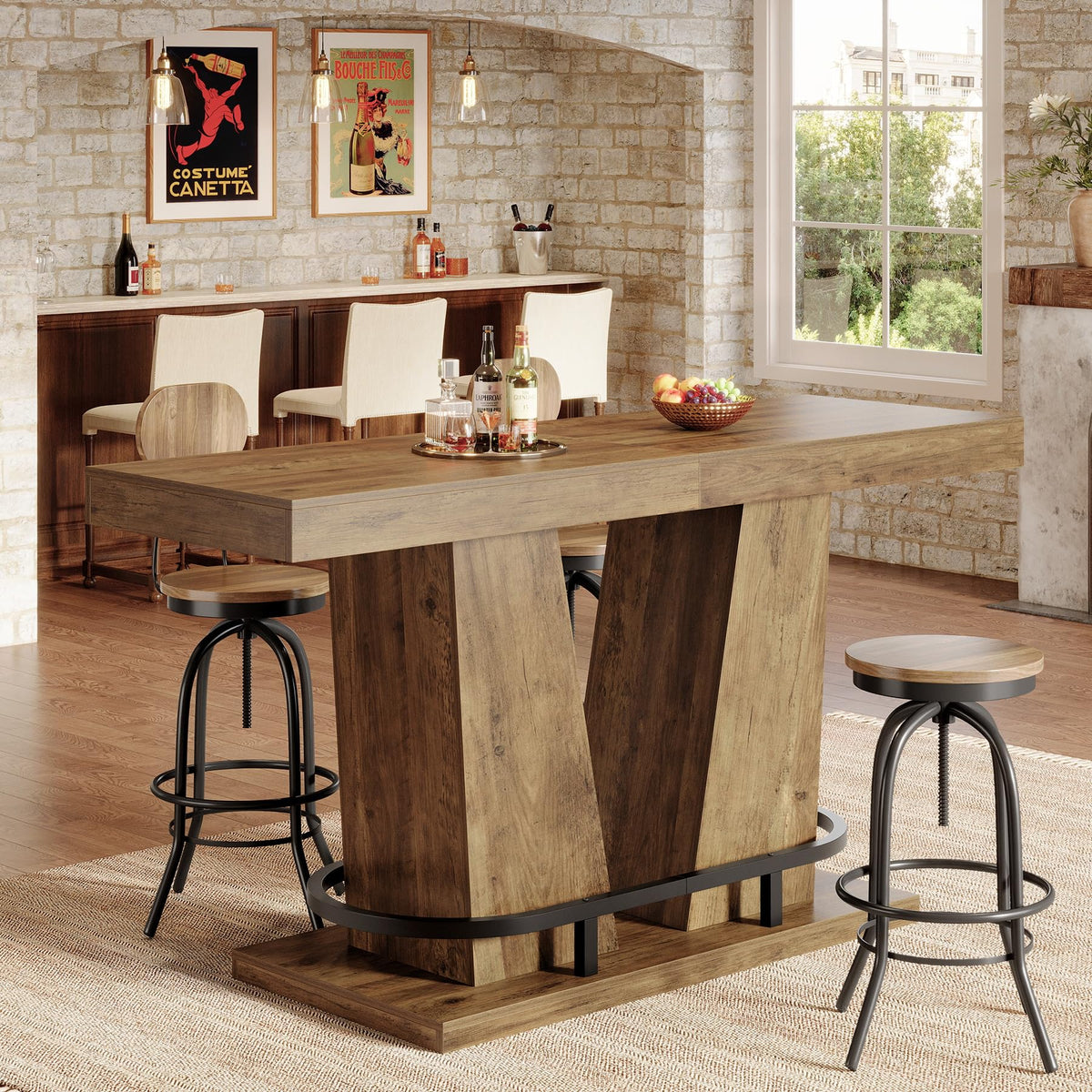 62.99" Industrial Bar Table for 4-6, Rectangle Counter Height Pub Table with Metal Footrest, Home Bar Units for Pub