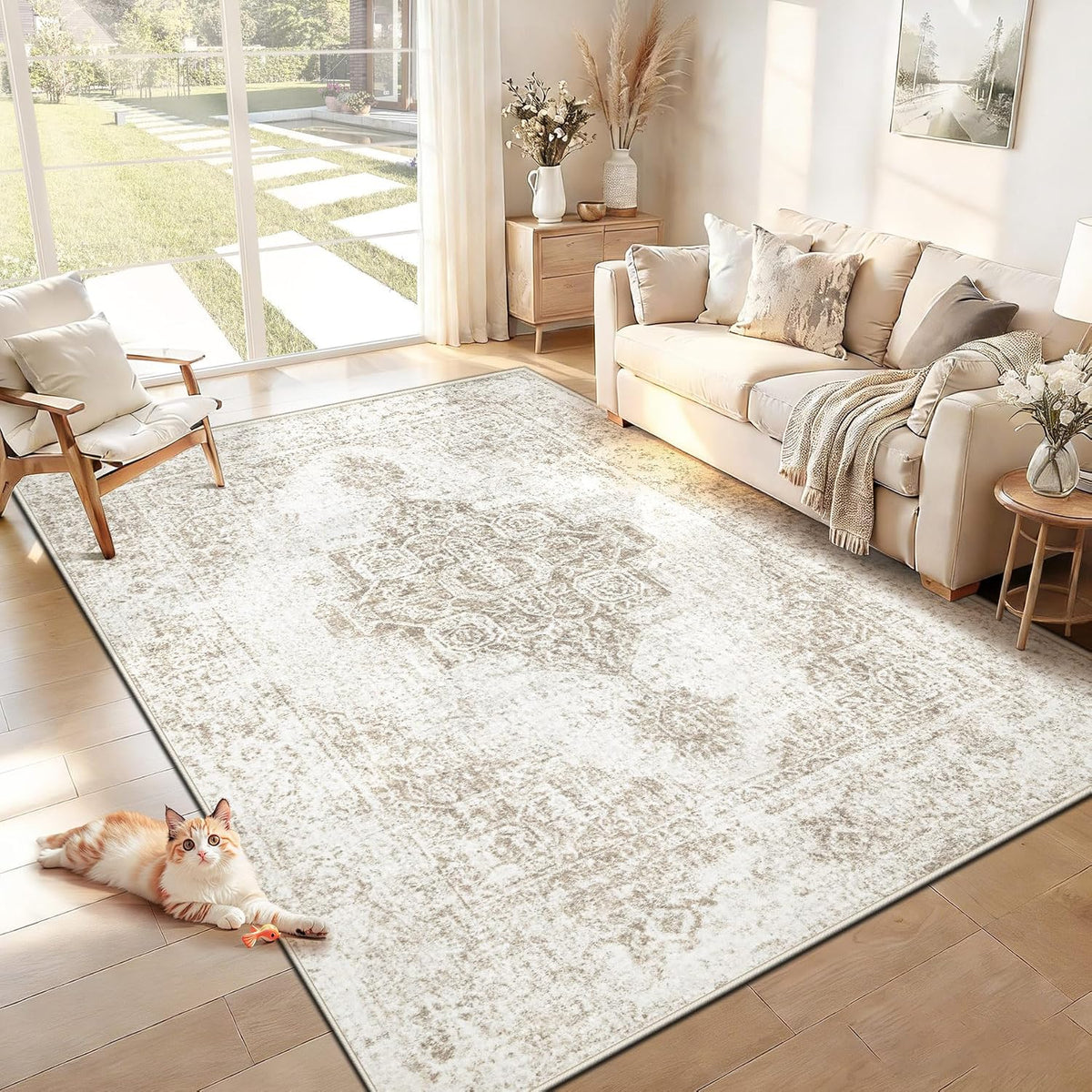 5x7 Area Rugs, Washable Vintage Boho Neutral Medallion Rug Non Slip Low Pile Floor Carpet Nursery Dining Room
