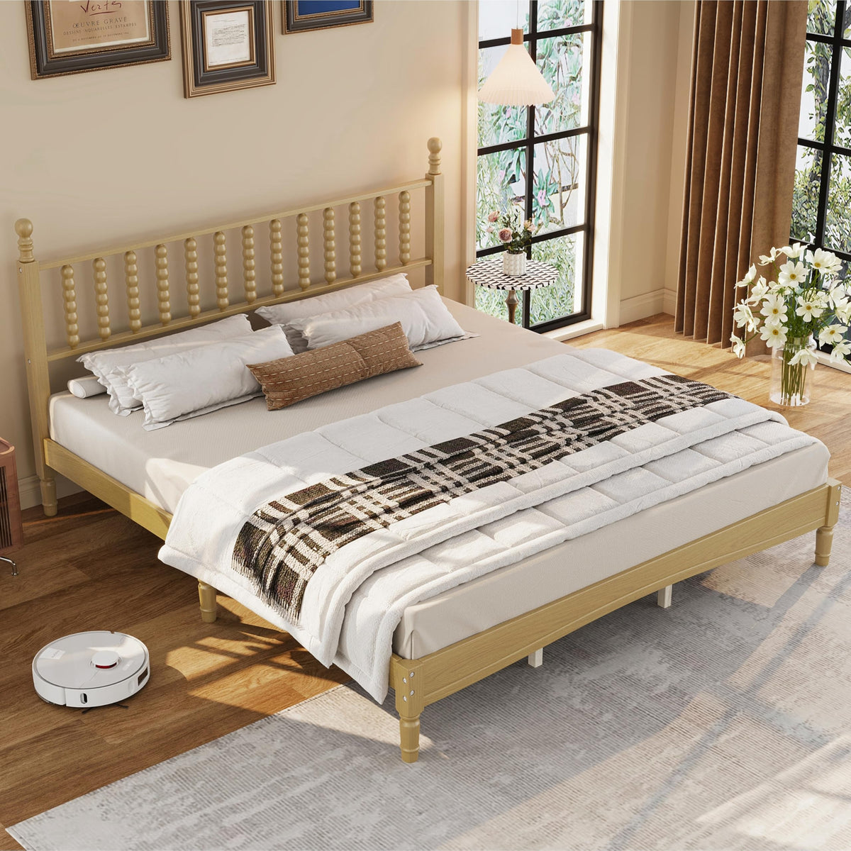 Natural Spindle Bed Frame with Wooden Headboard