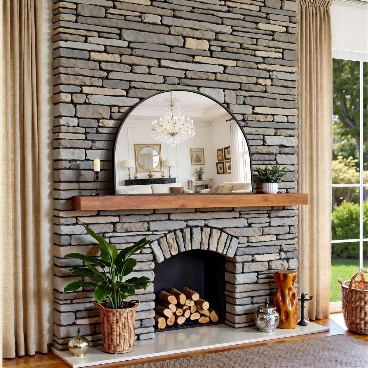 Arched Wall Mirror 40"x30", Black Arched Mirror &Mantel