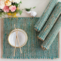 Natural Jute & Aqua Turquoise Placemats, Set of 4 - Rustic Handmade Boho Table Mats, 13x19 in Dining Table Placemats