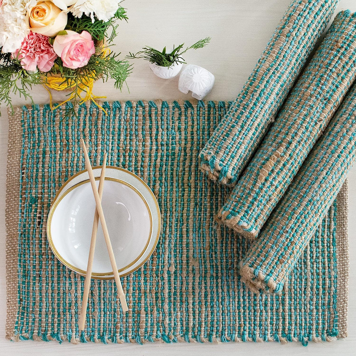Natural Jute & Aqua Turquoise Placemats, Set of 4 - Rustic Handmade Boho Table Mats, 13x19 in Dining Table Placemats