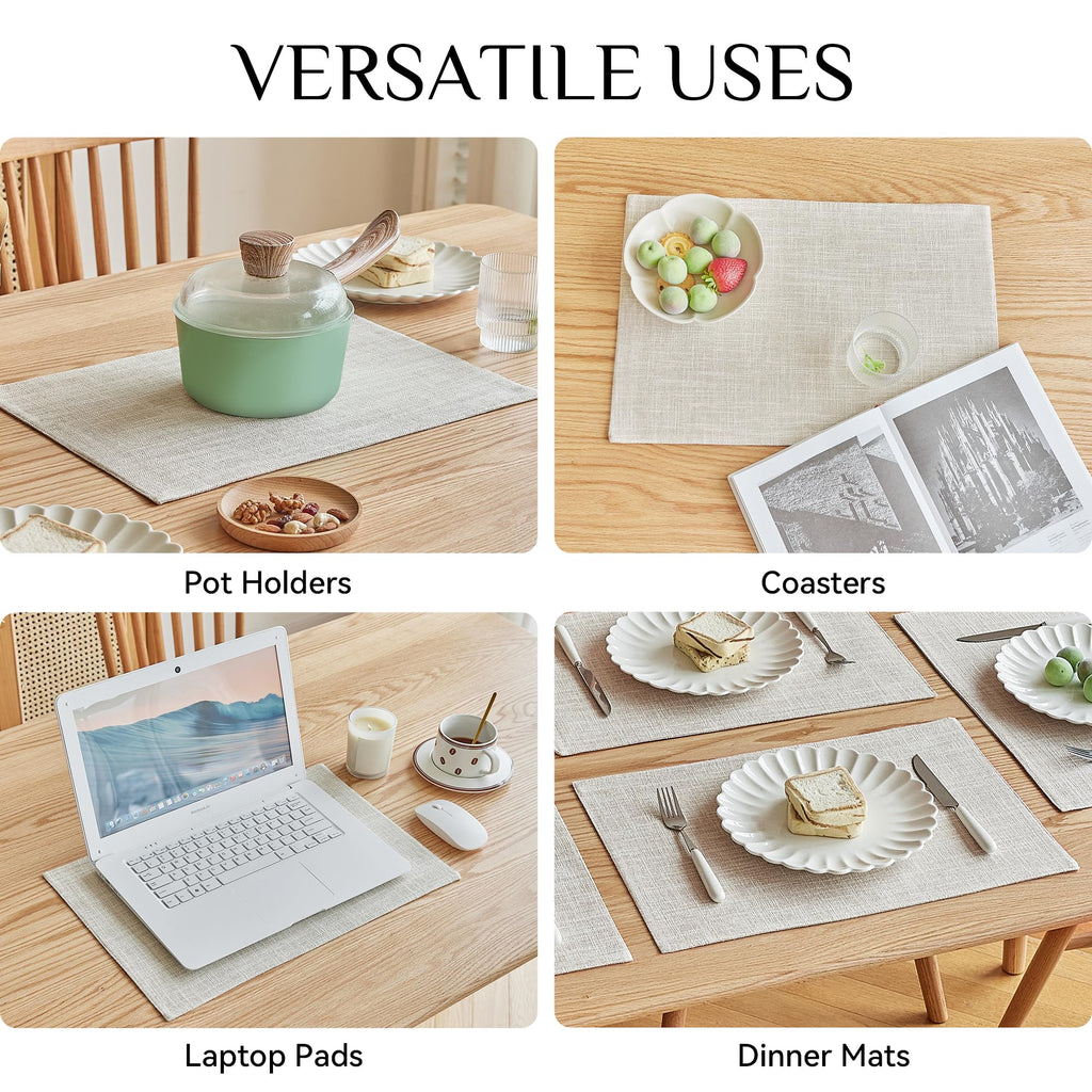 Faux Linen Cloth Placemats Set of 4-12 x 18 Inch, Cream