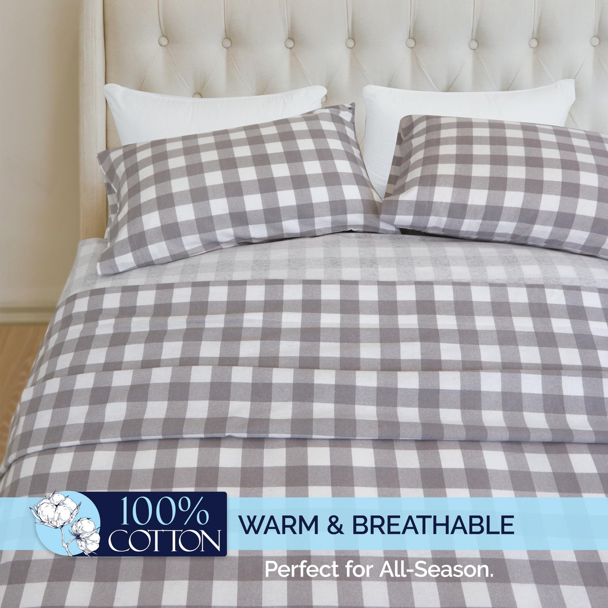 Buffalo Check Plaid Flannel Sheet Set, Gray