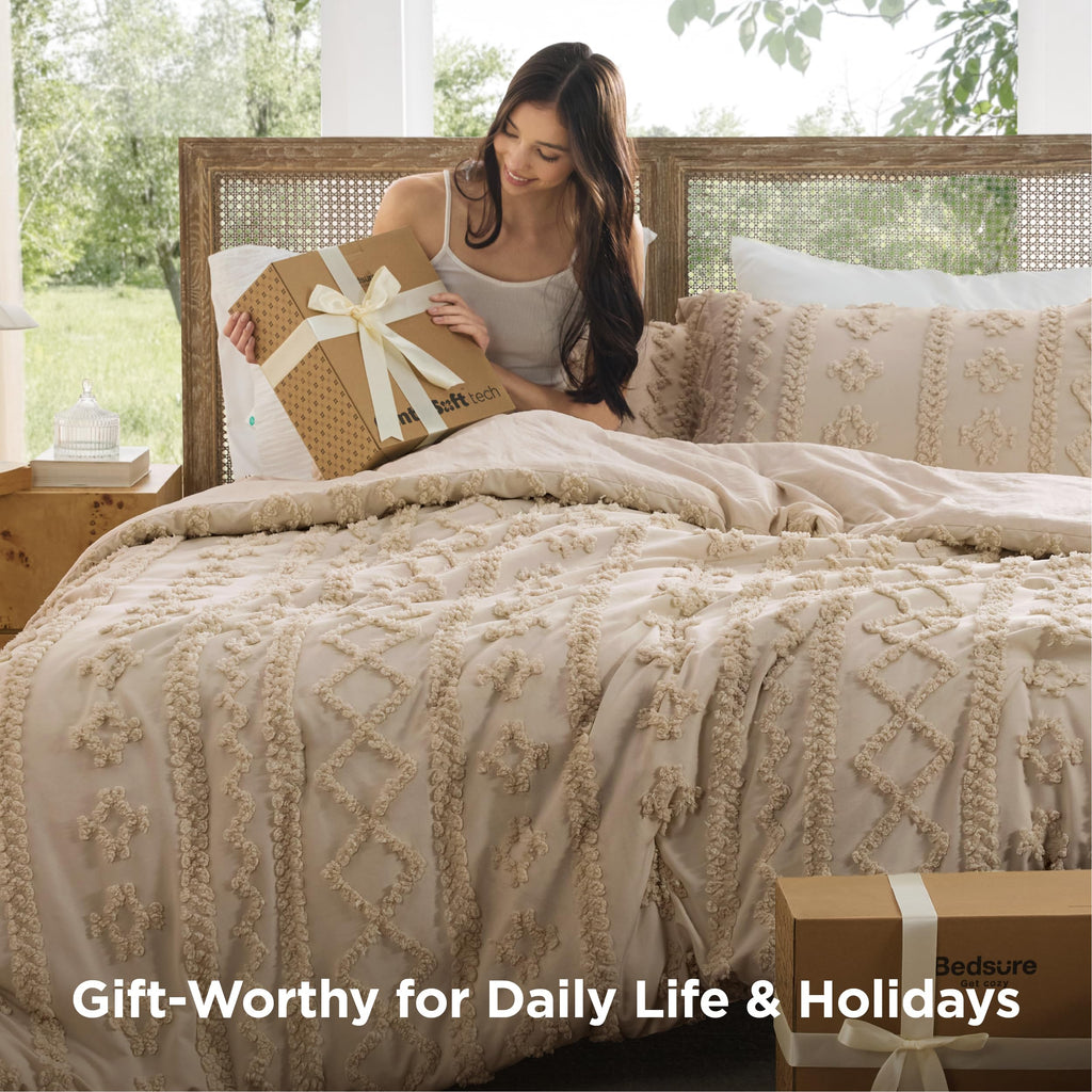 Boho Comforter Set King, Bedroom Decor Bedding Set Light Brown